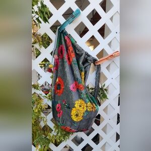 Floral Drawstring Shoulder Bag in Gray with Multicolor Blooms